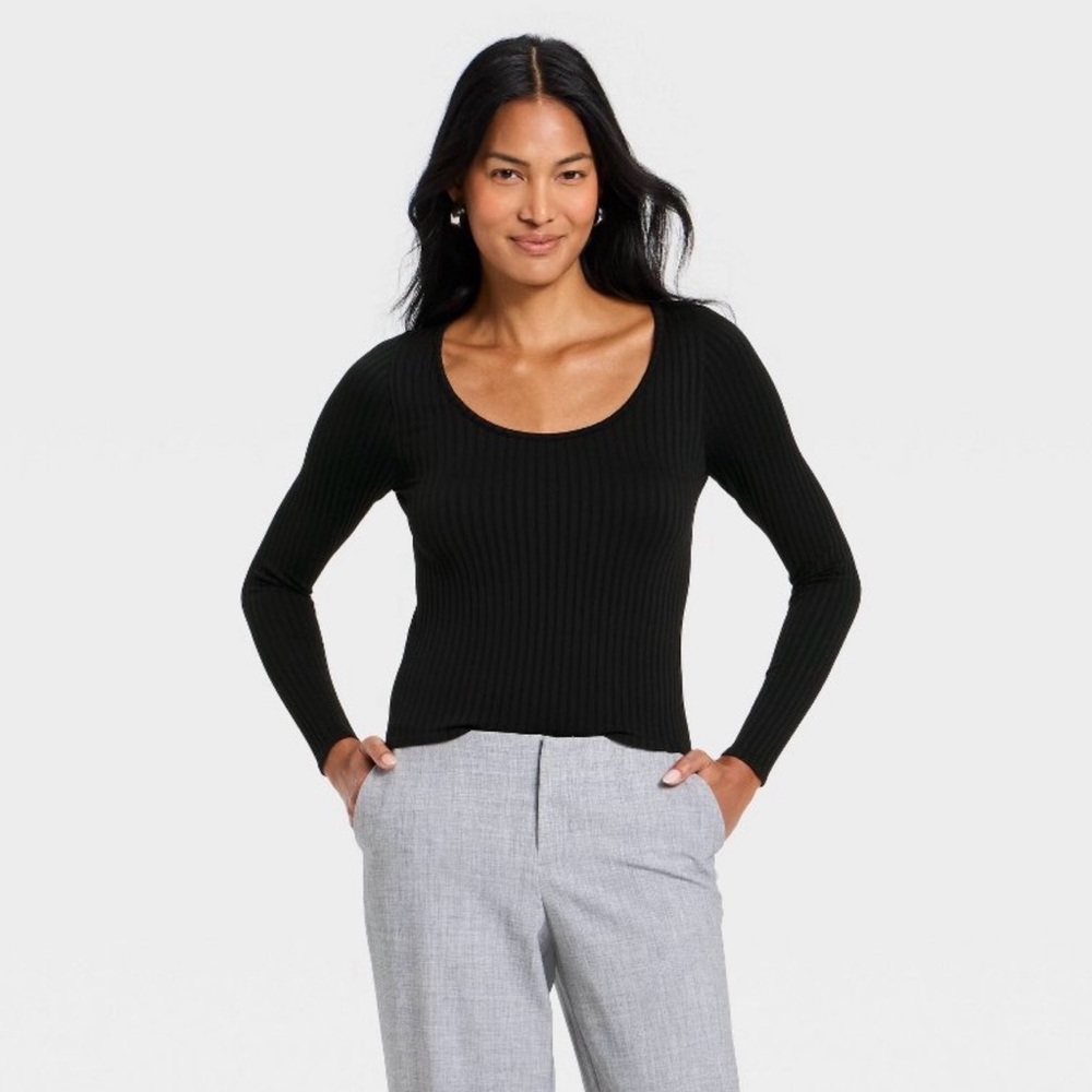 NWT! A New Day Women's Long Sleeve Black Ribbed Tee